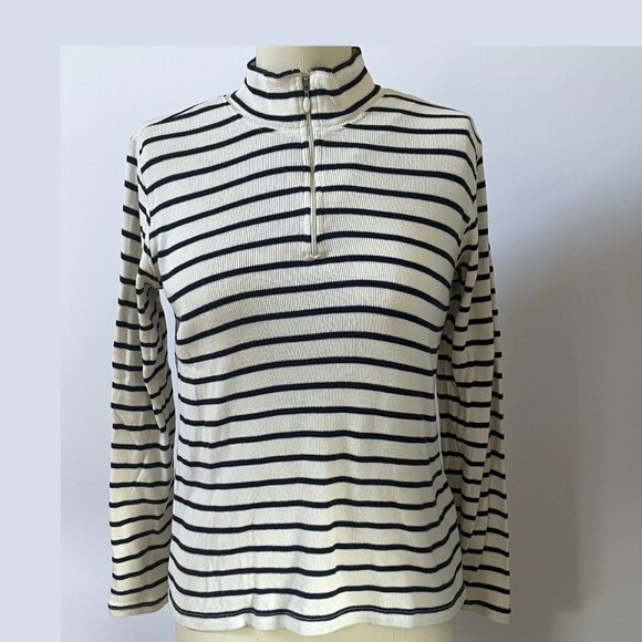 LL Bean 1/4 zip long sleeve top cream w/ navy stripes 100% cotton women's small - Picture 2 of 5